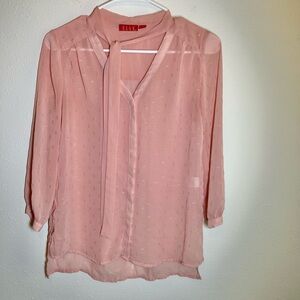 Pink Chiffon Sheer Blouse Sz XS Swiss Dot Tie Collar Romantic Sparkle Pastel